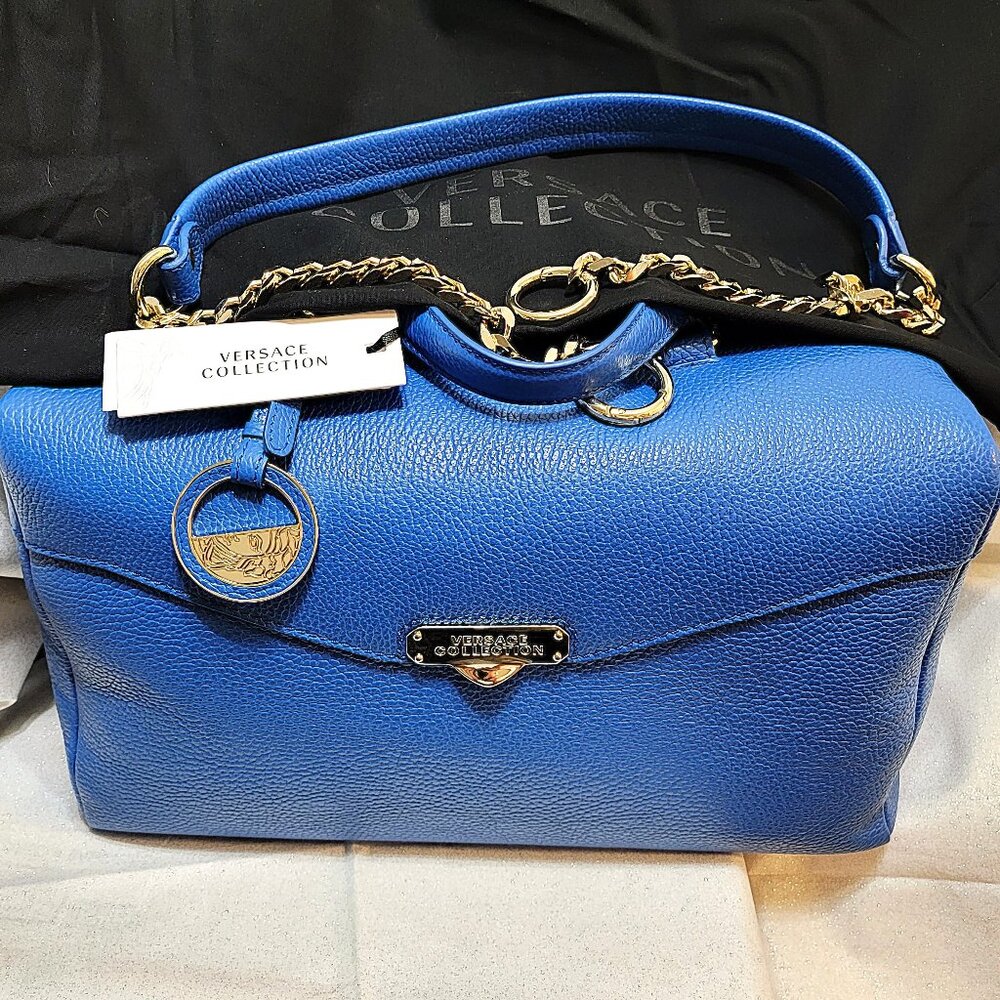 VERSACE Bluette Vitello Leather Traveling Case Bag w/Extra Shoulder Strap